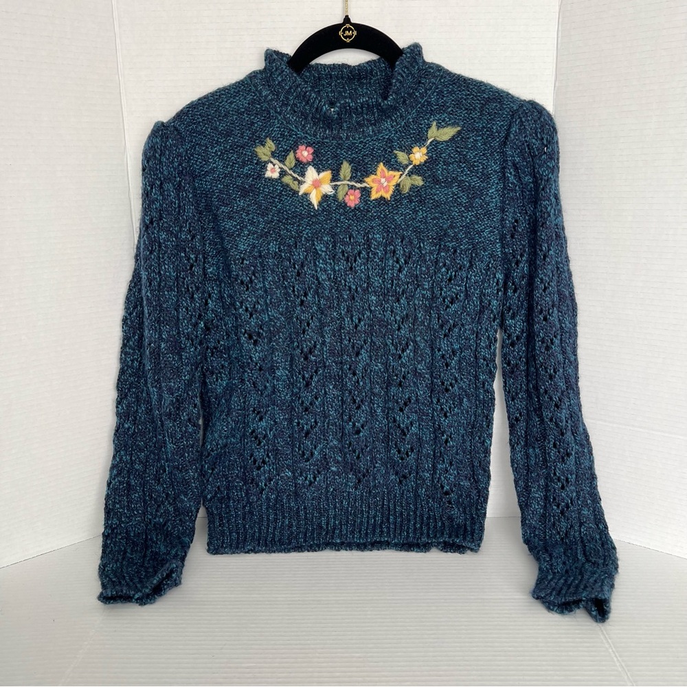 VTG Embroidered Floral Knit Sweater L Cottagecore GrandmaCore Stretchy Fairy